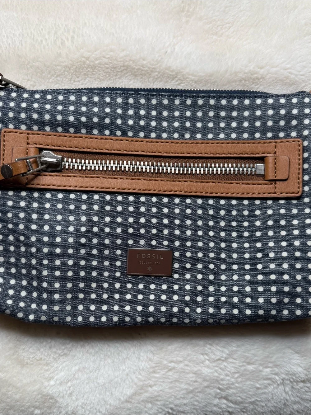 Fossil Navy Polka Dot Crossbody Bag Cognac Brown Trim Adjustable Strap